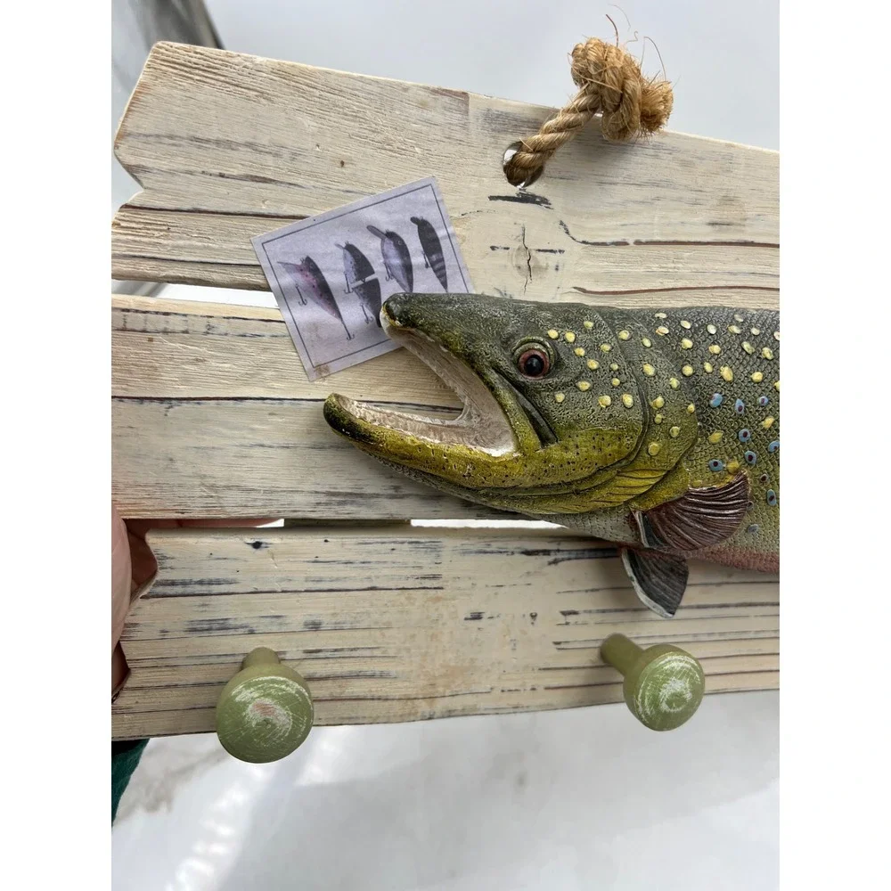 Rustic Wooden Brook Trout Fish Wall Plaque Key Rack Cabin Decor 19.5 Inch